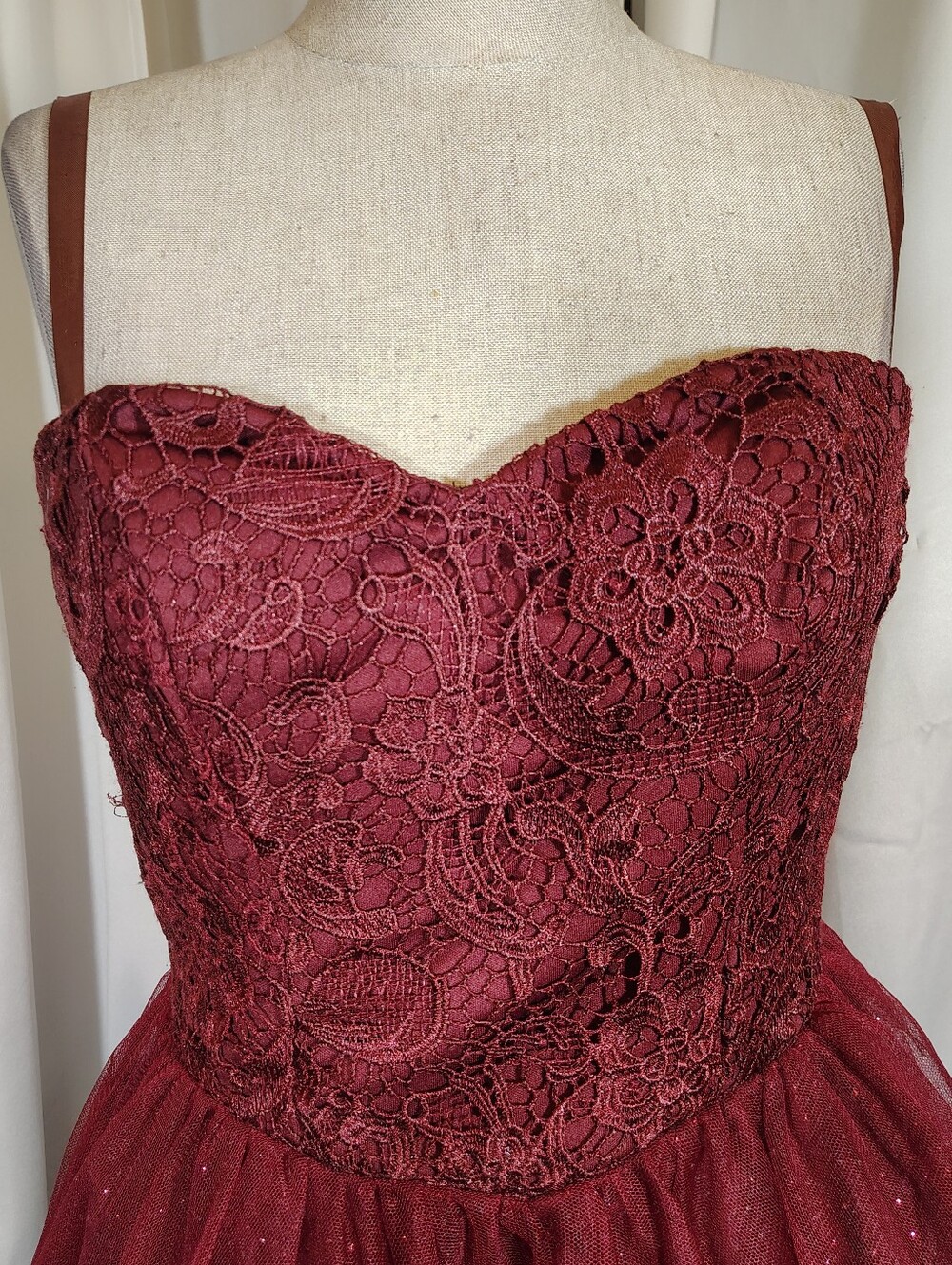 Masquerade Strapless Formal, Sparkles, Short burgundy Corset LaceUp Back, Lace,5 - Picture 6 of 13